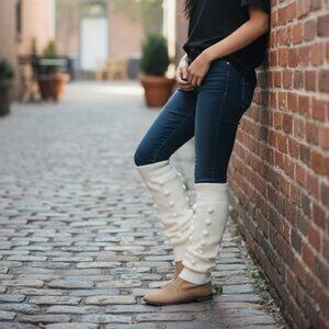 Knit Leg Warmers with Pom Pom details, cream colored